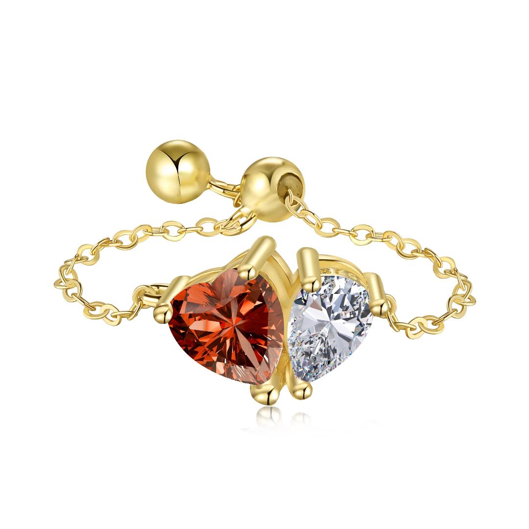 Heart-Cut Garnet and White Topaz Adjustable Chain Ring
