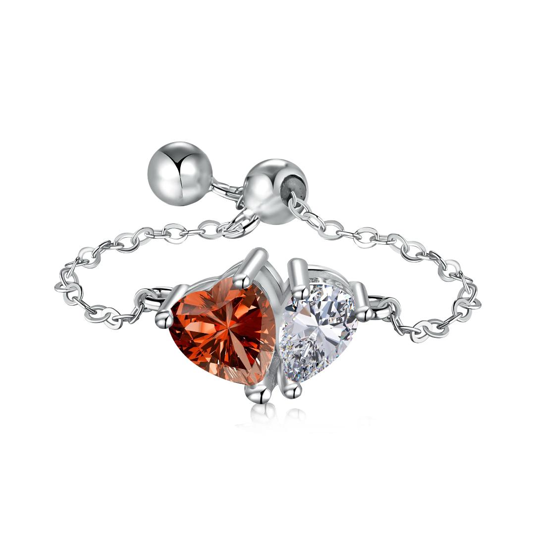 Heart-cut Garnet and White topaz adjustable chain ring - S925 Sterling Silver